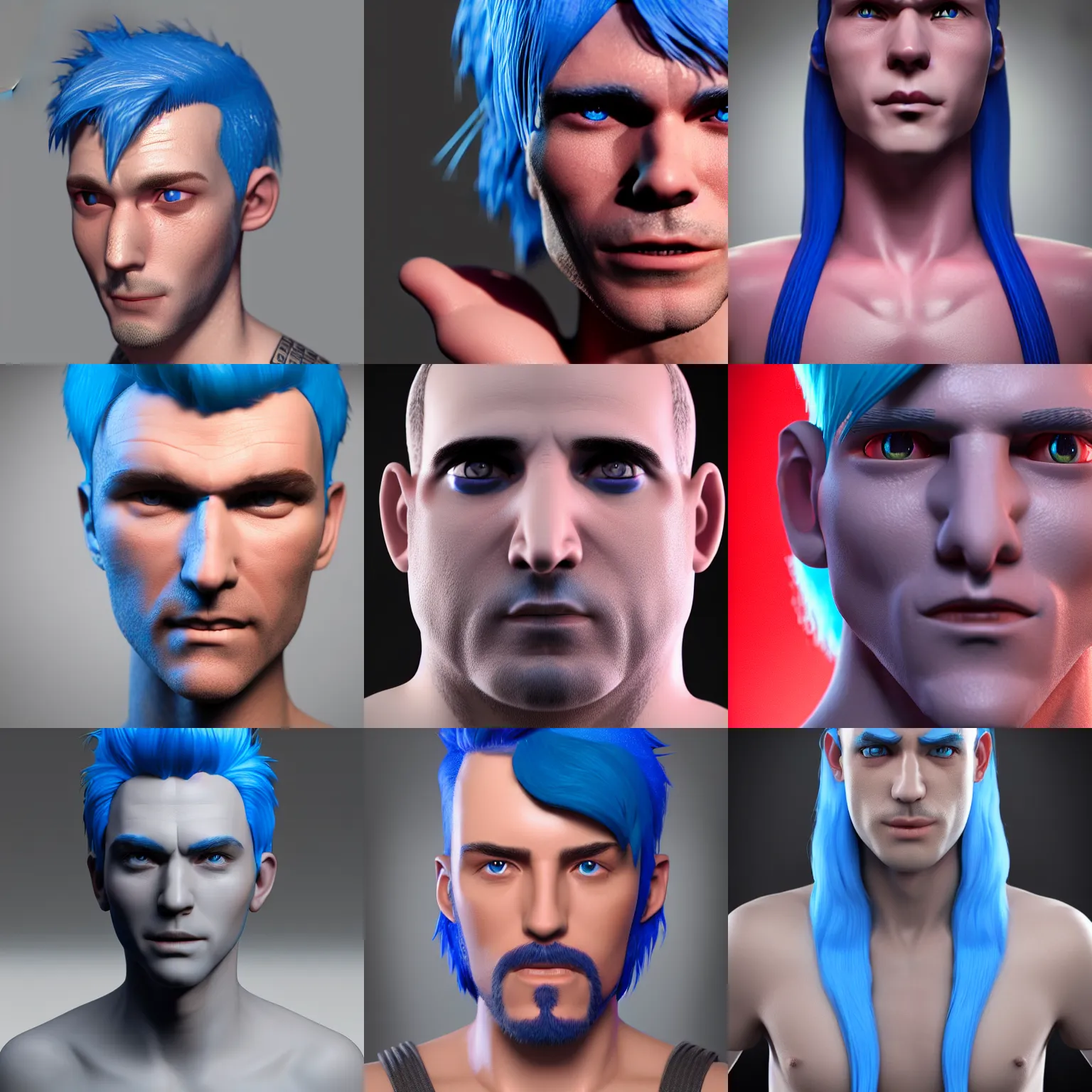 Prompt: 3D render of a man with blue hair,red eyes,octane render,ray tracing,super detailed,hyperdetailed,detailed face,professional model,professional lighting,3 point lighting,soft shadows,photorealistic,4k