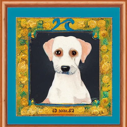 Image similar to painted colorful wooden frame, elegant, 1 9 2 0 s, for a square picture of a happy dog. the frame is ornate and has room for the name tag of the dog. digital art