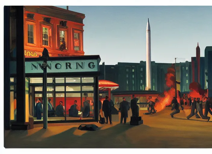 Prompt: crowd of working citizens carrying daily routines on the backdrop of war and missiles exploding residential buildings, DSLR 35mm, by Edward Hopper and Dan Mumford