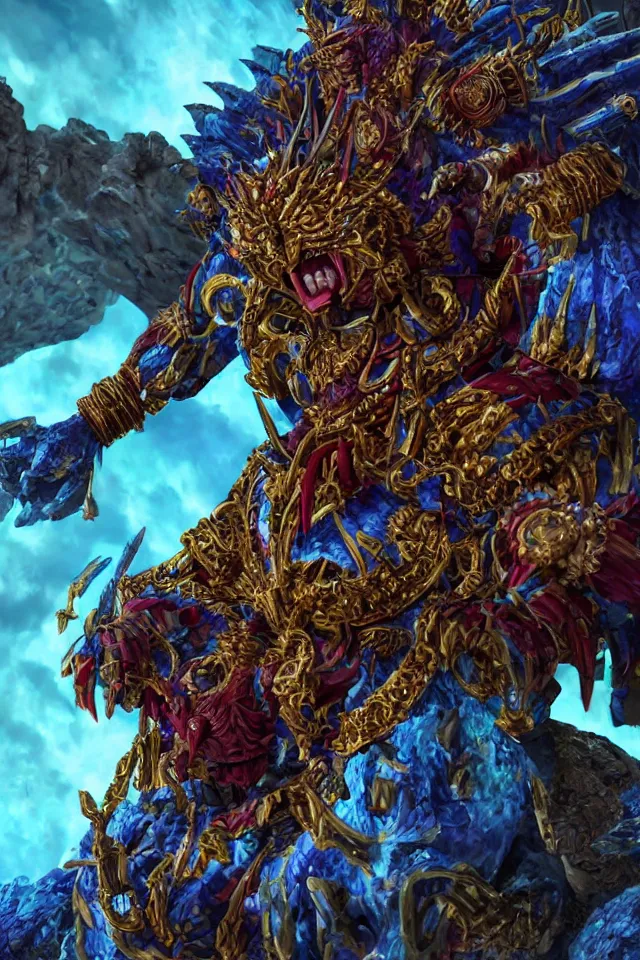 Image similar to Final boss beast muscular overpowered with mayan clothes and gold jewelry, Xibalba in underworld the background, in the style of Z.W. Gu from trending on artstation, HD, Octane render, smooth, sharp focus, Anime style