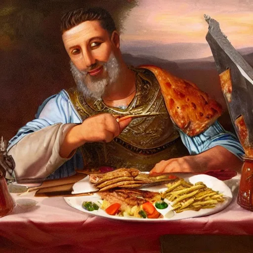 Prompt: roman emperor leonid eating kebab on the horse, a close view, hyperrealistic, 8 k