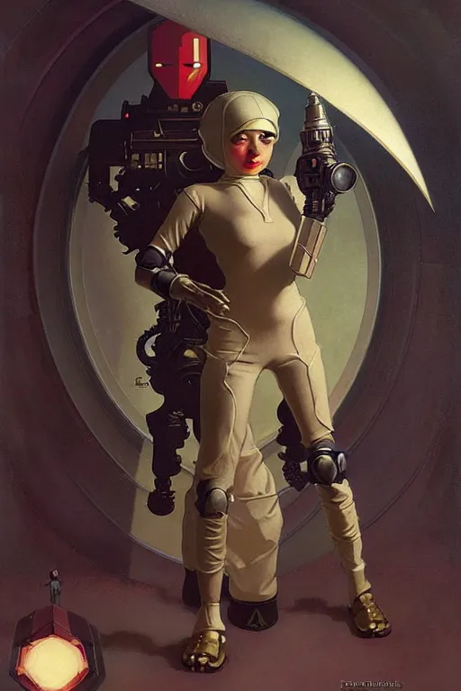 Image similar to pulp scifi fantasy spot illustrations of various character concepts, android girl, burka, futuristic design, crafting, diy, by norman rockwell, roberto ferri, daniel gerhartz, edd cartier, jack kirby, howard brown, ruan jia, tom lovell, jacob collins, dean cornwell, astounding stories, amazing, fantasy, other worlds