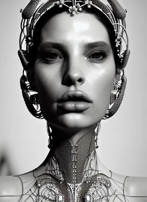 Prompt: portrait of an absurdly beautiful, graceful, sophisticated, fashionable futuristic woman, facial piercings, heavy body modification, hyperdetailed illustration by irakli nadar and alexandre ferra, intricate linework, white porcelain skin, faberge, intricate chrome headdress, dark atmosphere, unreal engine 5 highly rendered, global illumination, radiant light, detailed and intricate environment