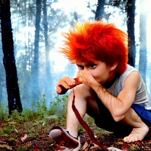Image similar to a photo of a boy with firey hair in the woods training his powers 1 9 7 7 photo, realistic, photorealistic, detailed,