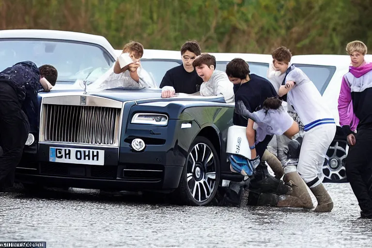 Image similar to A group of teenagers are behind a Rolls-Royce holding him by the boot and pushing him into a white lake from a small slide