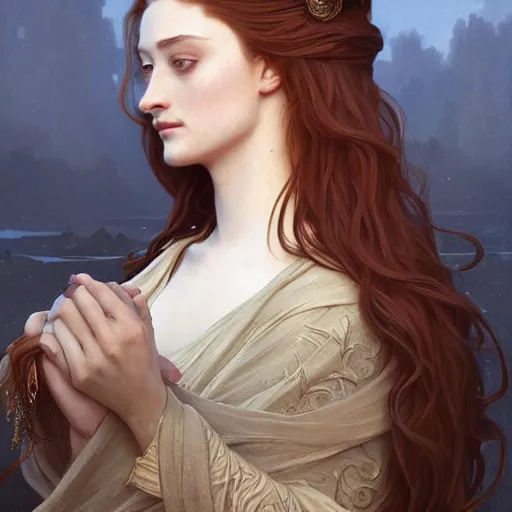 Image similar to portrait of sansa stark with long hair, intricate, elegant, highly detailed, digital painting, artstation, concept art, smooth, sharp focus, illustration, art by artgerm and greg rutkowski and alphonse mucha and william - adolphe bouguereau