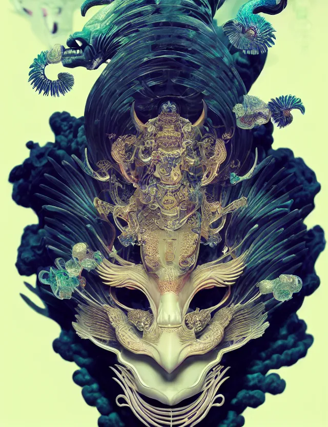 Image similar to 3 d goddess close - up frontal portrait with ram skull. beautiful intricately detailed japanese crow kitsune mask and clasical japanese kimono. betta fish, jellyfish phoenix, bio luminescent, plasma, ice, water, wind, creature, artwork by tooth wu and wlop and beeple and greg rutkowski