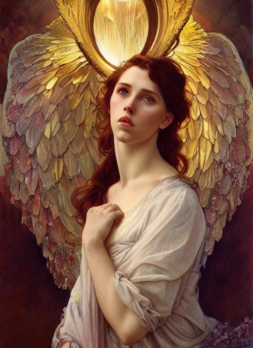 Prompt: realistic detailed painting of a 2 1 - year old girl who resembles young scarlett johansson and millie bobby brown, as an angel with a golden halo, by alphonse mucha, ayami kojima amano, charlie bowater, karol bak, greg hildebrandt