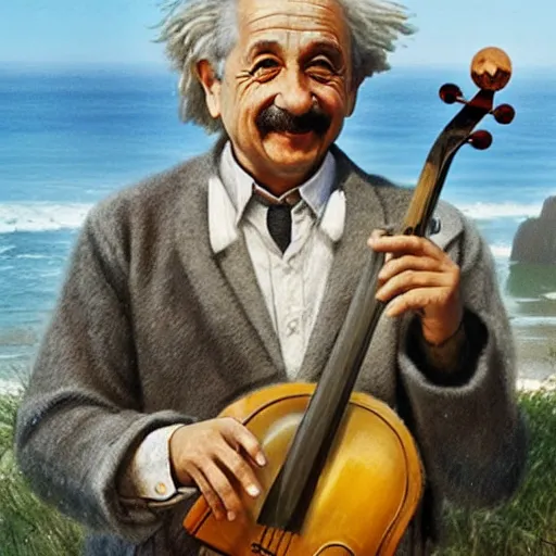 Image similar to albert einstein on tropical beach playing violin by greg rutkowski hyper realistic award winning