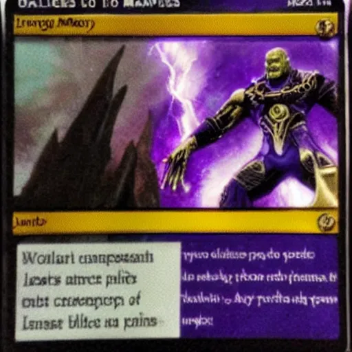 Image similar to thanos as a magic the gathering card, realistic,
