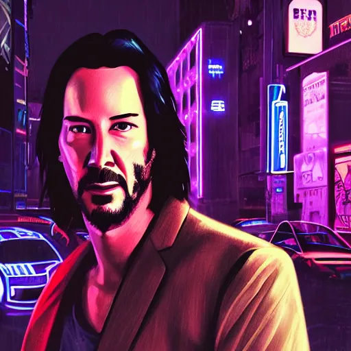 Image similar to portrait of Keanu Reeves on neon street in Cyberpunk city, synthwave, artstation art, night, professional light