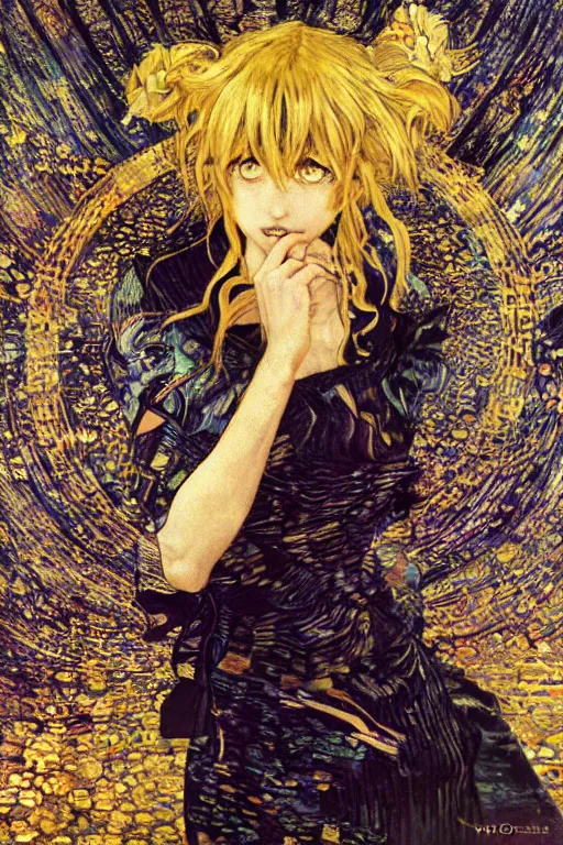 Image similar to Kirisame Marisa from touhou, official artwork, by Karol Bak, Jean Deville, Gustav Klimt, and Vincent Van Gogh, Surreality, otherworldly, fractal structures, arcane, ornate gilded medieval icon, spirals