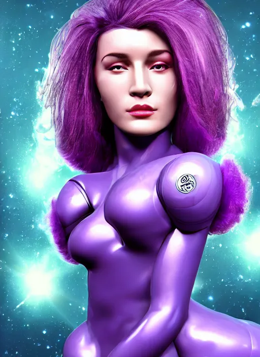 Image similar to photorealistic space pilot 3 0 0 0 cyclope beautiful female with purple hair portrait photography feroflex photorealistic studio lighting ektachrome detailed intricate face details, ultradetails, beautiful face, realistic shaded perfect face, extremely fine details