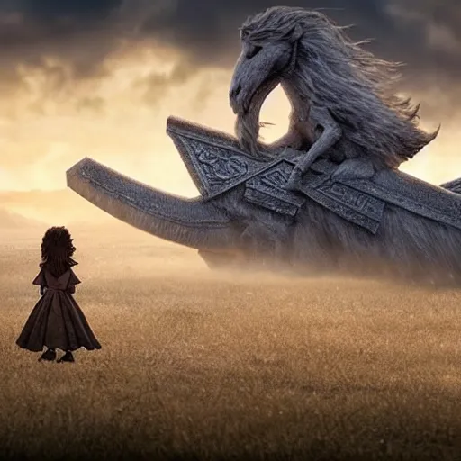 Prompt: the neverending story wide angle battle scene, highly textured, hyperrealism, award winning, gritty, tilt shift