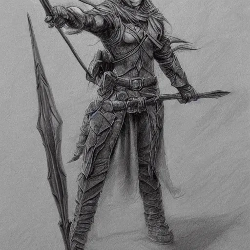 Prompt: elf ranger, character, dungeons and dragons, pencil art, high quality, holding a spear