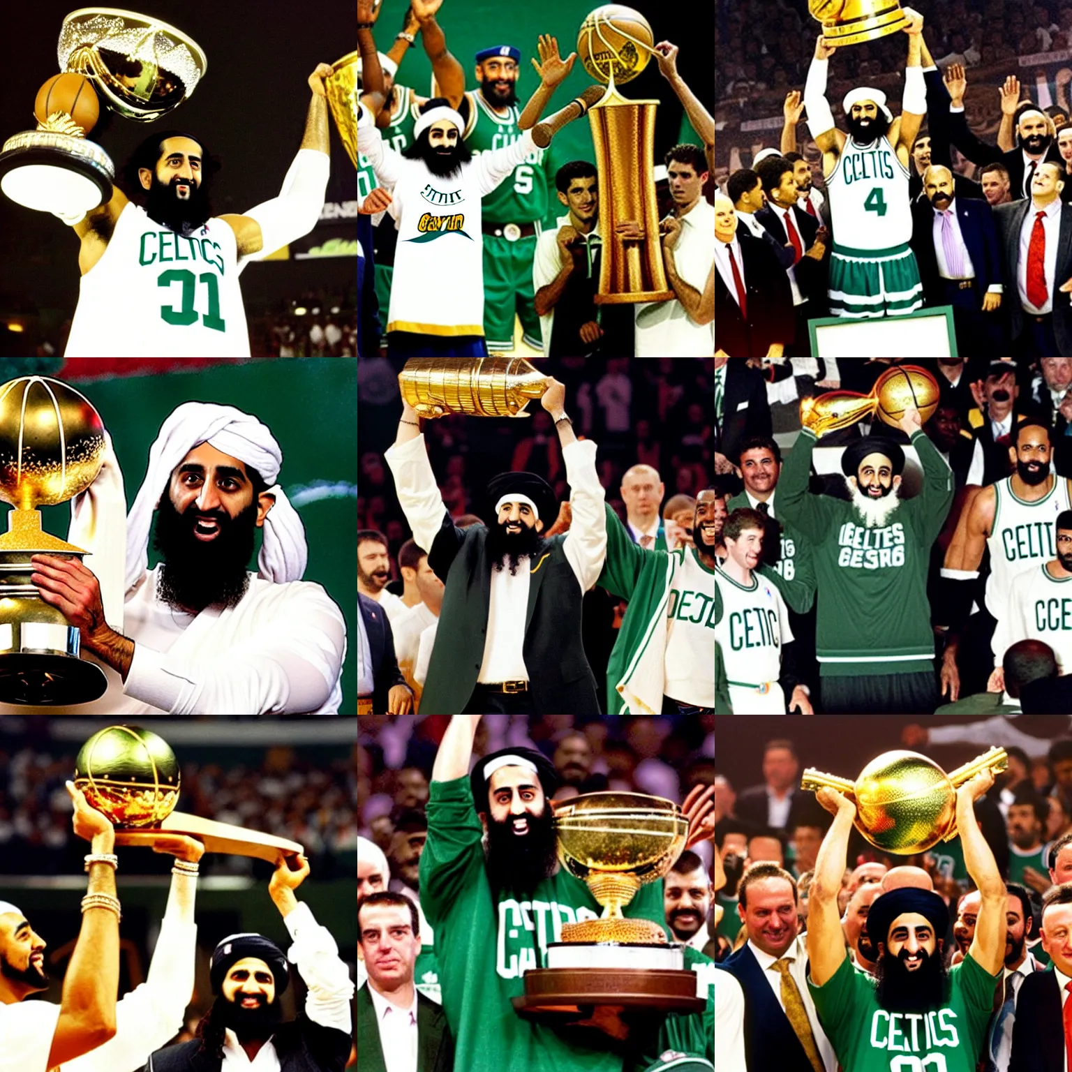 Prompt: photo of osama bin laden lifting larry o'brien trophy, celtics, nba