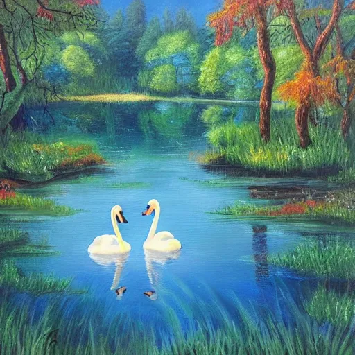 Prompt: painting of a small lake with two swans in it, in a forest, blue water, stunning colors, fairytale