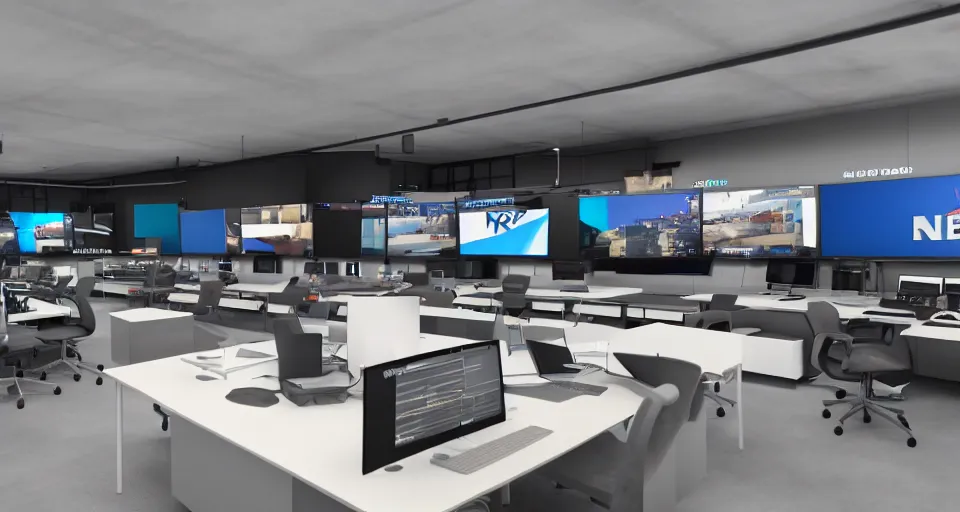 Prompt: modern nbc newsroom, octane render, unreal engine 5, epic game graphics, ray tracing