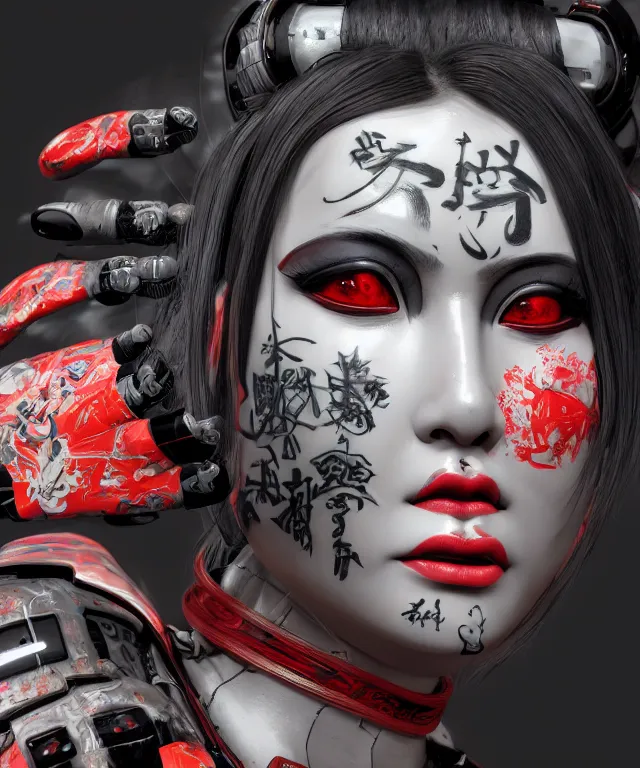 Image similar to an epic fantastic realism comic book style portrait painting of a japanese robotic geisha with kanji tattoos and decals, apex legends, octane render, intricate detail, 4 k hd, unreal engine 5