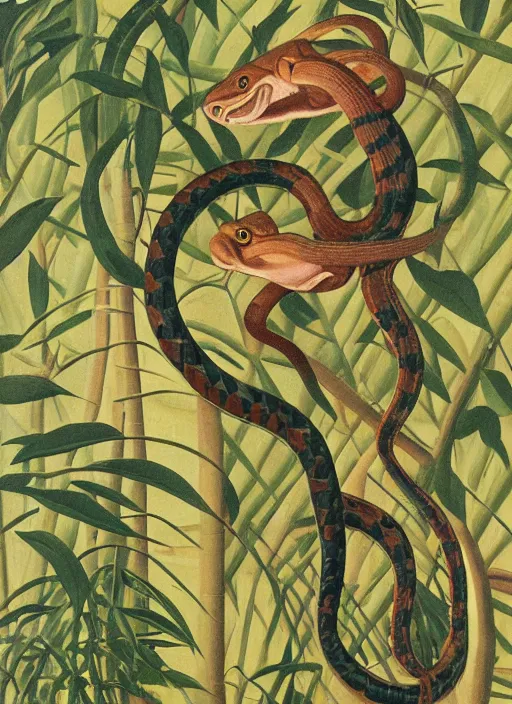 Prompt: a 3 5 mm portrait of a boiga snake wearing an adidas anorak painted by henri rousseau and norman rockwell