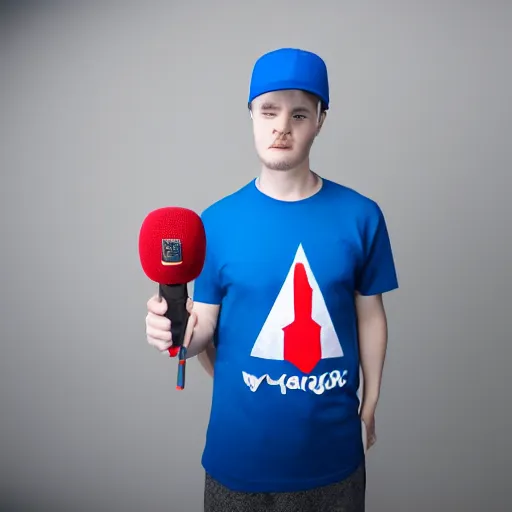 Image similar to a full body shot of an average white, short young - adult man with blue colored hair, wearing a red backwards cap, white t - shirt with a red no symbol on it, blue long pants and red shoes, holding a microphone, studio lighting, photoshoot, grey background