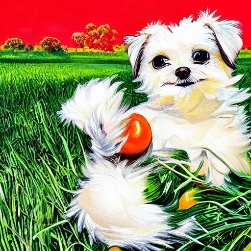 Prompt: masterful oil on canvas painting, eye - a cute happy white morkie puppy with a cornucopia full of tomatoes. in the background is idyllic grassy field. by guido crepax. golden hour, detailed, depth, volume, chiaroscuro, quiet intensity, vivid color palette.