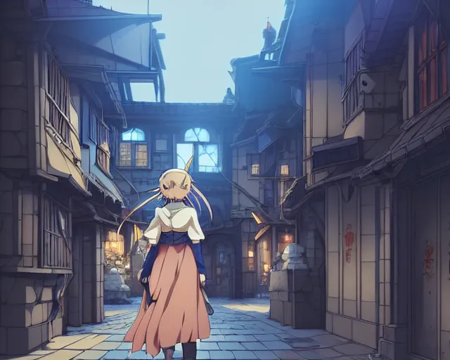 Image similar to anime visual, portrait of a young female walking through a busy medieval village, face by yoh yoshinari, murata range, last exile, blue submarine no 6, dynamic pose, muted colors, dynamic perspective, detailed silhouette, cel shaded anime, at night