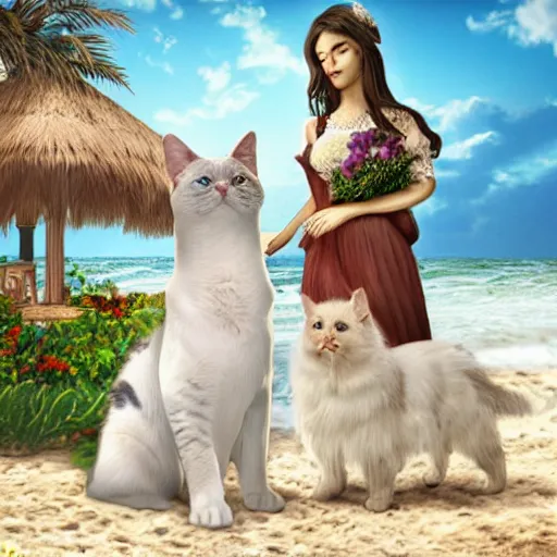 Image similar to a cat and dog getting married by the beach real life, hyper realistic, realistic, 4 k, 8 k uhd, intricate details, detailed, great detail