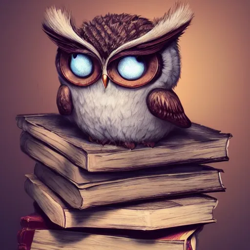 Prompt: long shot of a very cute plushy owl with sleepy eyes sitting on a pile of antique books, by esao andrews, by james jean, humorous illustration, hyperrealistic, big depth of field, fresh colors, dim light, 3 d octane render conceptart, 4 k, hyperdetailed, trending on artstation