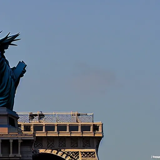 Prompt: lady liberty kissing the eiffel tower