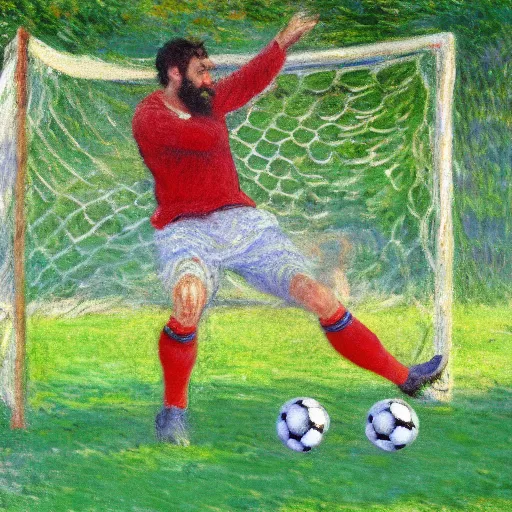 Prompt: monet painting of a bearded man getting hit in the groing with a soccer ball, highly detailed, realistic,