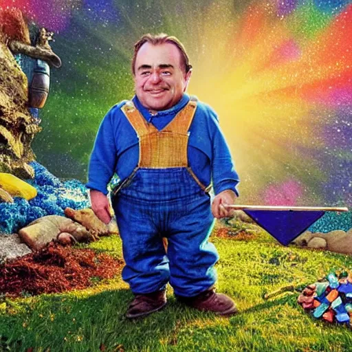 Prompt: a pudgy dwarf wearing blue overalls with a pocketful of gems holding a pickax, high resolution film still, HDR color, movie by Wolfgang Petersen and Peter Jackson