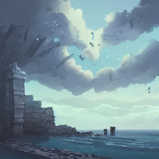 Image similar to digital 2 d, traditional paint, mixed media, concept art, illustration, environmental concept art & design, ruins, coast, ocean, sea, beach, remains, greek, pillars, vagrants, forest of liars, twilight, clouds, sky, coastline, sylvain sarrailh