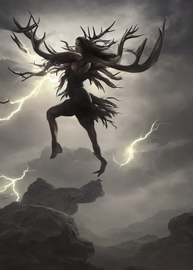 Prompt: a highly detailed matte painting of small central silhouette of weightless dark - haired woman rising with arms outstretched and plasma lightning all around and framed by dark gray stone antler roots, 8 k hd, concept art, artstation, deviantart, cg society,