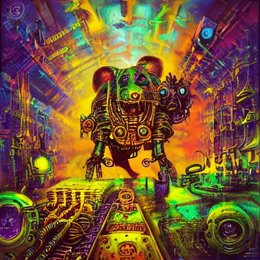 Image similar to steampunk rat, acid, 303, psychedelic, by paul lehr, cd cover for psytrance artist