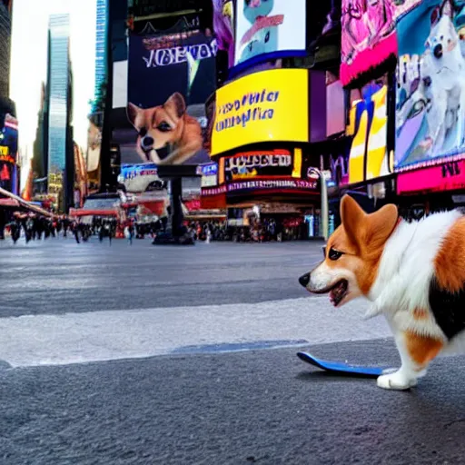 Prompt: a corgi riding a skate on times square