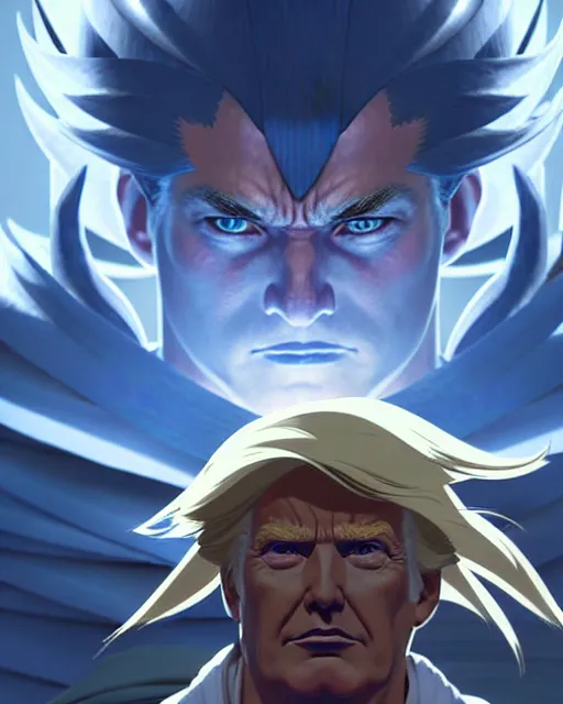 Image similar to donald trump as an azctec warrior, detailed perfect face, exquisite details, fire magic, mid view, design on a white background, by studio muti, greg rutkowski makoto shinkai takashi takeuchi studio ghibli