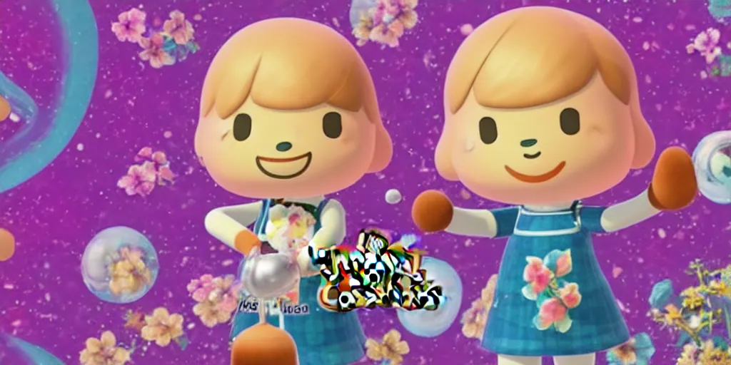 Image similar to Isabel from Animal Crossing. Ketamine-induced feeling of being reduced to a single atom. Reforming the universe with Isabel from Animal Crossing. The death of the ego.