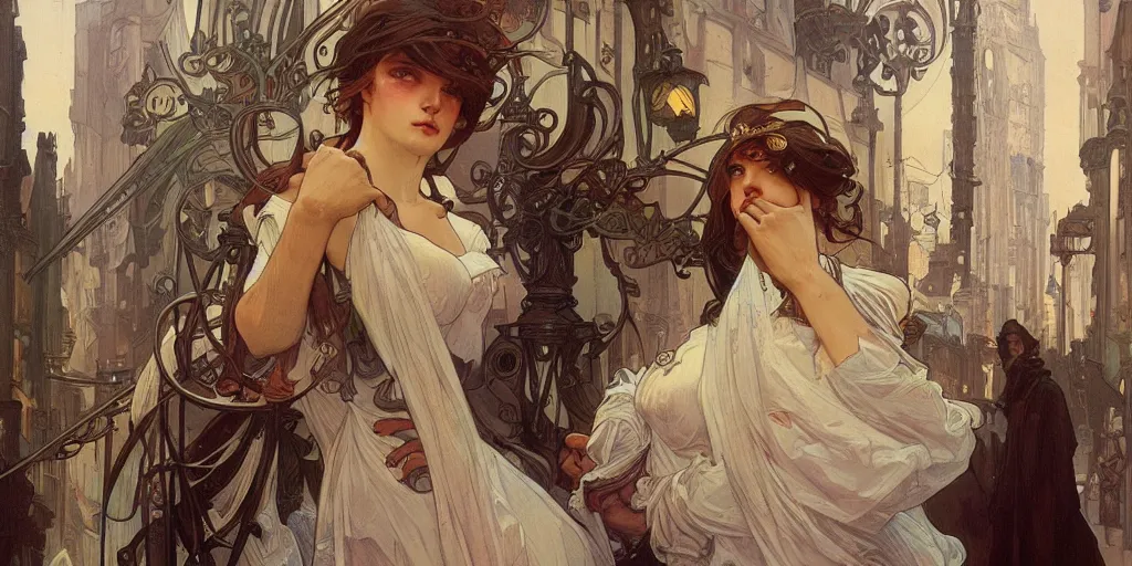 Image similar to city street, beautiful, alphonse mucha, greg rutkowski, trending on artstation, artgerm, breathtaking, sharp focus, smooth, mark arian, award winning, highly detailed 4 k art