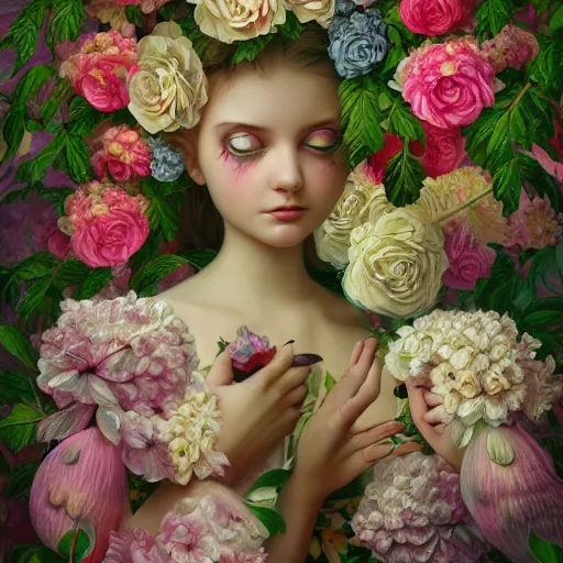 Prompt: lush flowers highly detailed, ultra realistic digital painting, rococo, artstation, concept art, pop, smooth, sharp focus, illustration, art by mark ryden and lisa frank 3 d 8 k ultra detailed