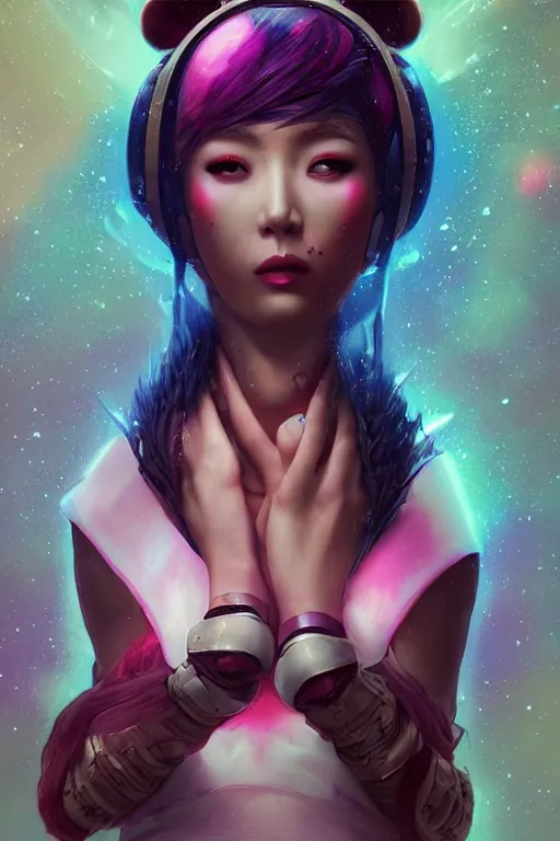 Image similar to digital portrait of an eloquent alien panda bear queen, straight on, full body character concept art, concept art, by artgerm, tom bagshaw, gerald brom, vaporwave colors, lo fi colors, vaporwave, lo fi, 4 k, hd, rendered with substance designer, small details,