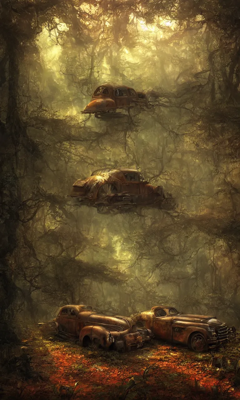 Image similar to a beautiful painting of an old rusted dieselpunk car in an enchanted forest, by heinrich schlitt, marc simonetti and john howe, artstation. fairies. early evening. volumetric lighting