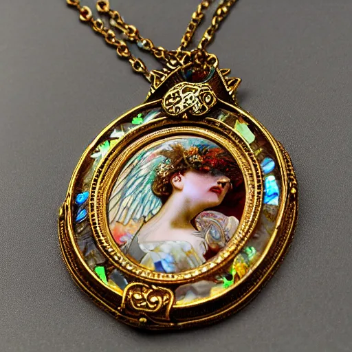 Prompt: hyperrealistic detailed necklace made like seraphim angel with cinematic sharp focus 8 k in style of alfons mucha as a necklace