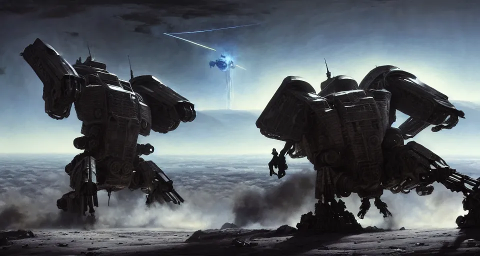 Prompt: hyper realistic sci - fi matte concept art painting of dramatic cinematic battle scene between humanoid battlemechs fighting on the moon, guns, missiles, explosions, beautiful details, strong composition painted by kim jung guweta studio rutkowski, james gurney and greg rutkowski, and lucasfilm, smooth, intricate, detailed, sharp focus, cinematic