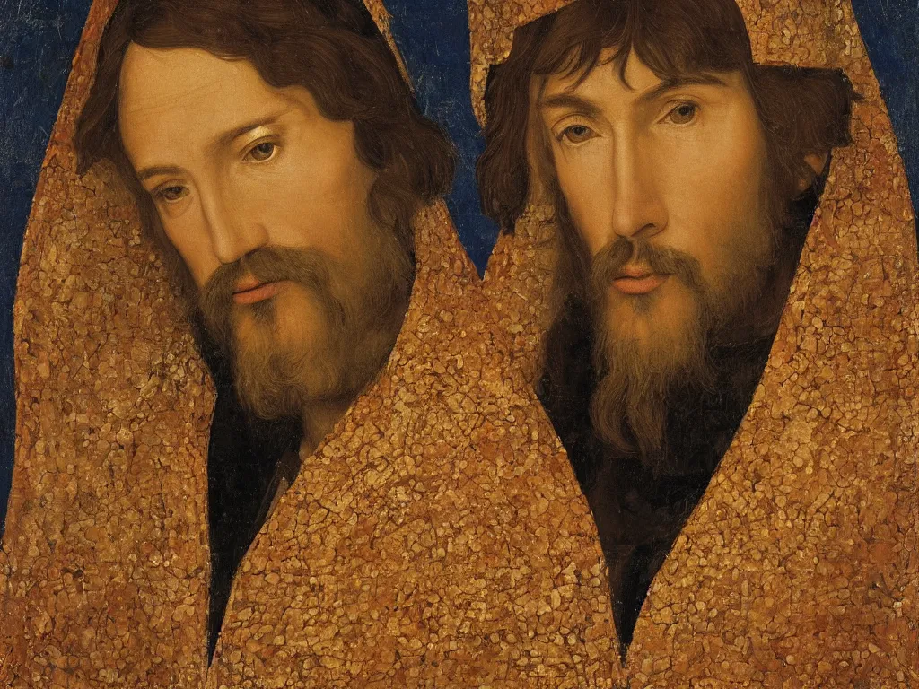 Prompt: close up portrait of hiram keller as medieval poet andrei rublev, painted by andrey remnev