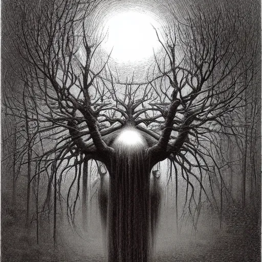 Image similar to Tree of sacral geometry in horror mist by Gustave Doré Greg Rutkowski zdzisław beksiński