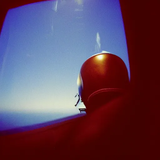 Prompt: film still, extreme far view, emma watson, fighter jet pilot helmet, apocalypse now, associated press, 2 6 mm, kodak ektachrome, blue tint expired film,