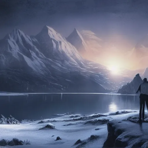 Prompt: A Stunning Matte painting of A man standing in a lake at night looking at the snow-capped mountains in the distance, beautiful sky, Tyndall effect.highly realistic,hyper detailed,cinematic.4k.In style of Gustave Doré, by Greg Rutkowski