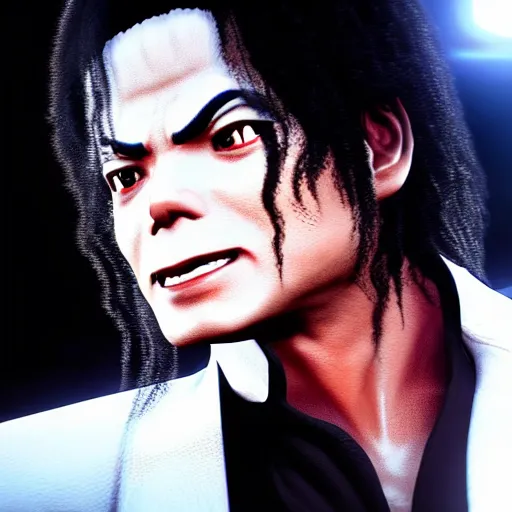 Image similar to a videogame still of Michael Jackson in Tekken 7, portrait, 40mm lens, shallow depth of field, close up, split lighting, cinematic