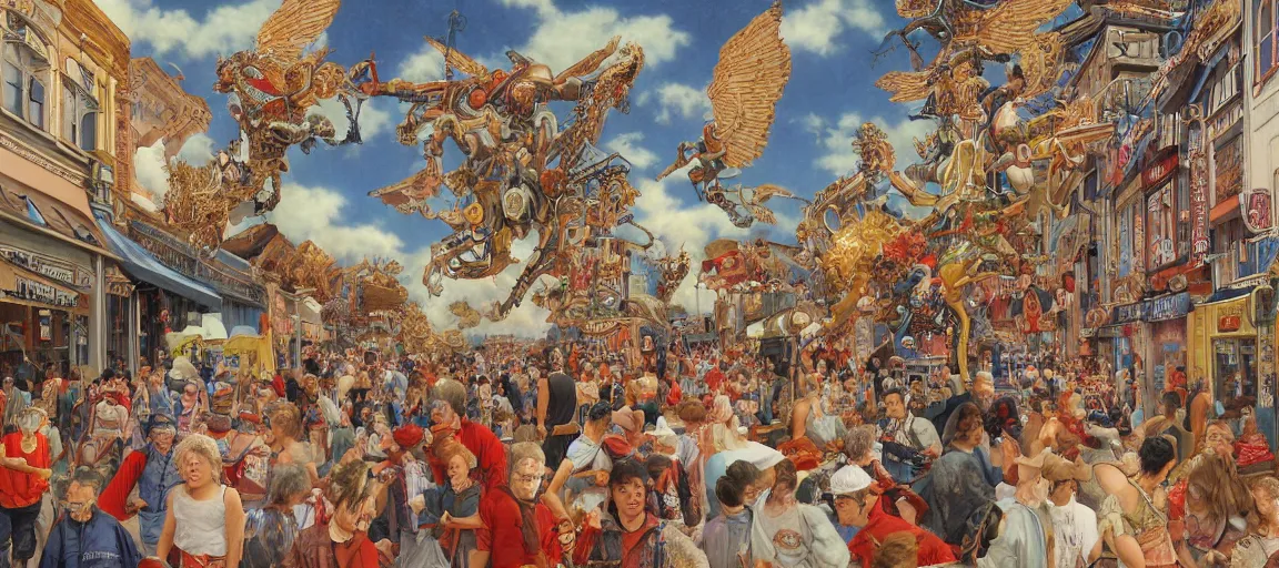 Image similar to mechanical angels descend from heaven in the middle of a small town during a carnival, surreal, quirky, highly detailed, colorful, dramatic, by h. r. van dongen, by david ligare, by noriyoshi ohrai, by frank r. paul - h 5 1 2